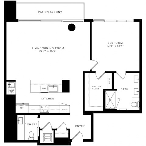 a floor plan of a living room with a bedroom and a kitchen